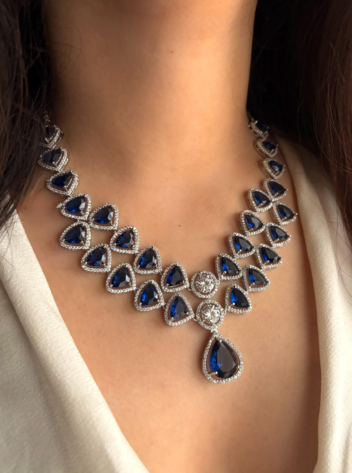 VARISHA Sapphire Blue American Diamond Necklace Set: Indian Bridal Jewelry