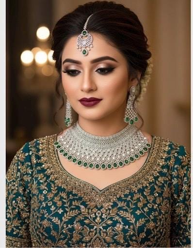 NAGHMA Emerald green Bridal Choker American Diamond necklace set Pakistani nikaah jewelry,Indian bollywood wedding jewelry with maangtika