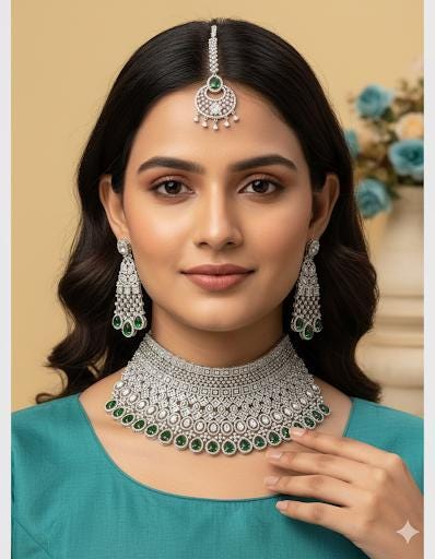 NAGHMA Emerald green Bridal Choker American Diamond necklace set Pakistani nikaah jewelry,Indian bollywood wedding jewelry with maangtika
