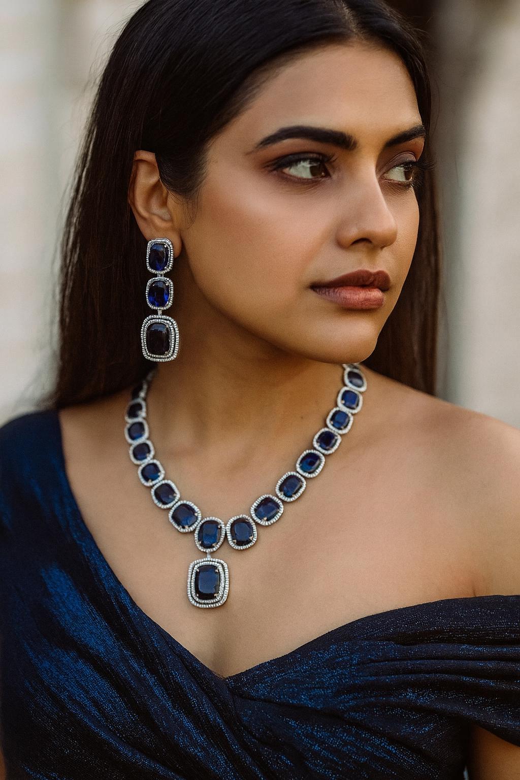 IVY Sapphire blue necklace earrings in American Diamond Classy high quality cz zircon jewelry,prom,gala dinner blue colour jewellery set