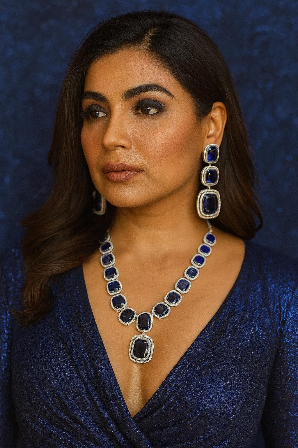 IVY Sapphire blue necklace earrings in American Diamond Classy high quality cz zircon jewelry,prom,gala dinner blue colour jewellery set