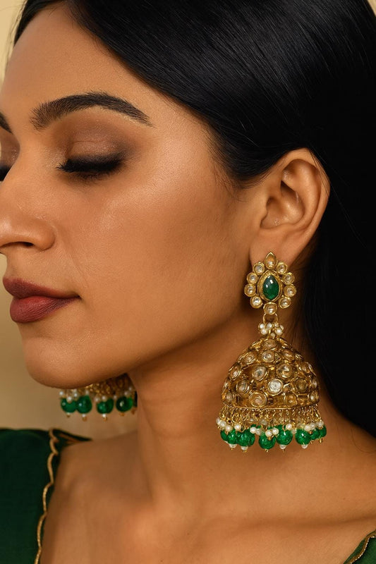 PIHU Green Polki Jhumka earrings / Bollywood gold jhumkis / Pakistani Wedding / Navratri function Indian Diwali jewelry jhumkas