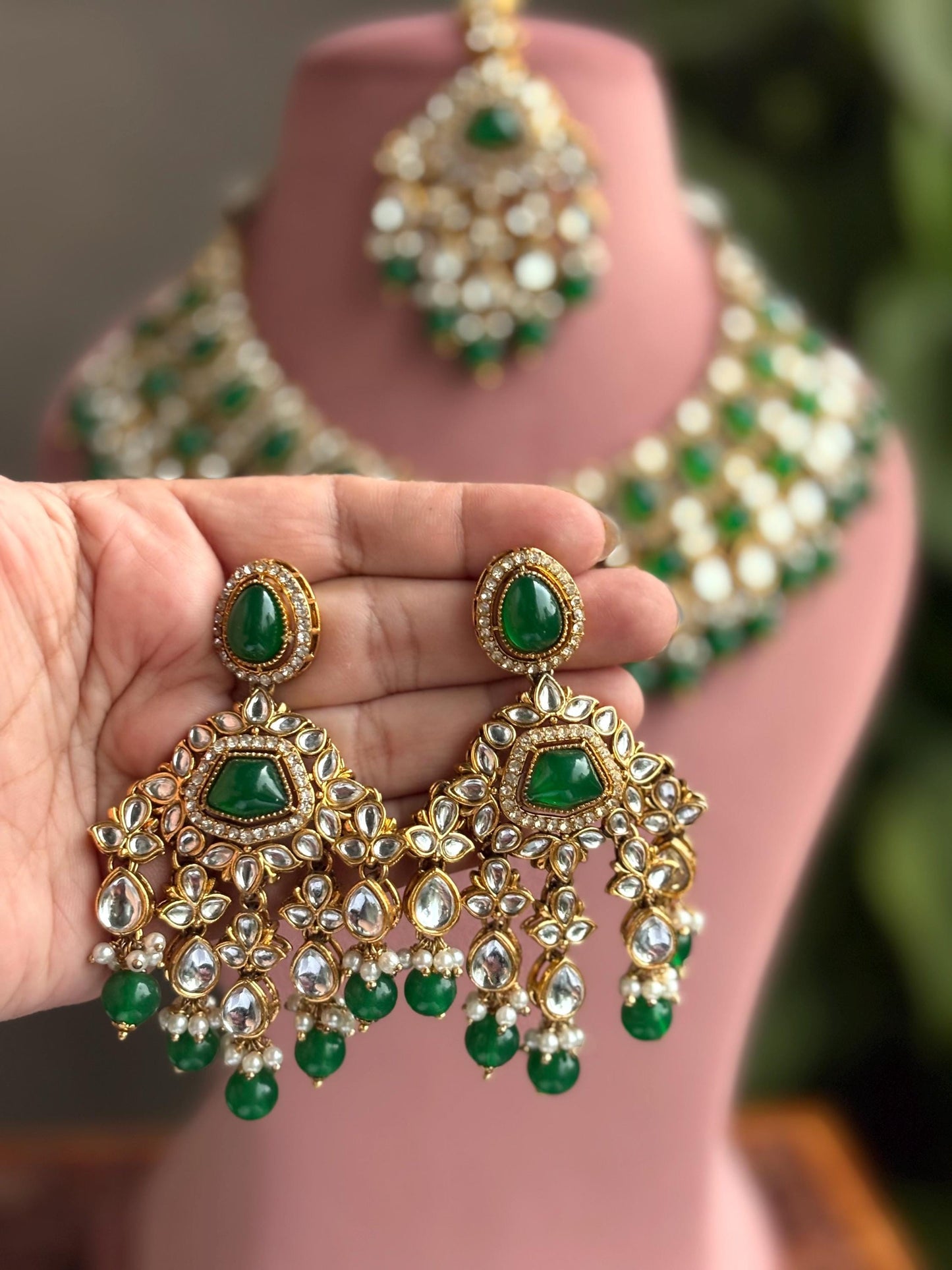SHAINAZ Green kundan necklace set, Indian pakistani nikaah jewellery, bollywood, green colour wedding bridal jewelry, maangtika included