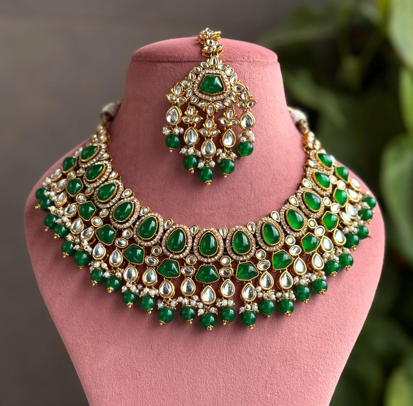 SHAINAZ Green kundan necklace set, Indian pakistani nikaah jewellery, bollywood, green colour wedding bridal jewelry, maangtika included