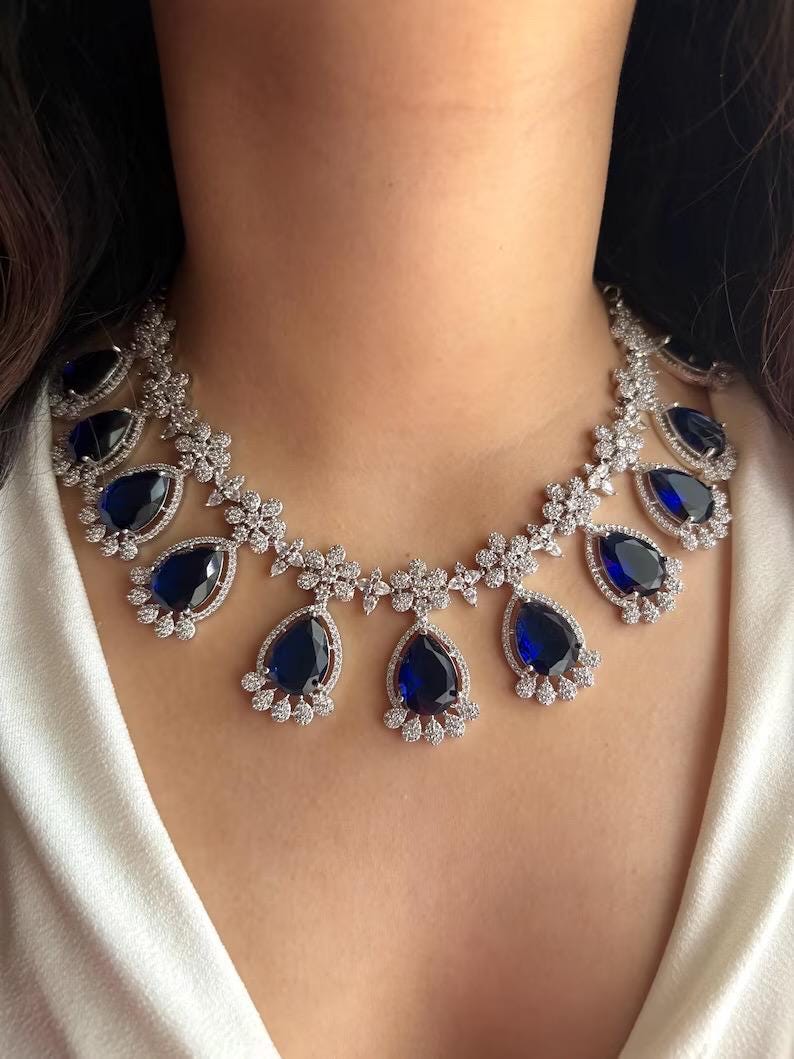 KRISTA Sapphire Blue American Diamond Necklace Set: Indian Bridal Jewelry