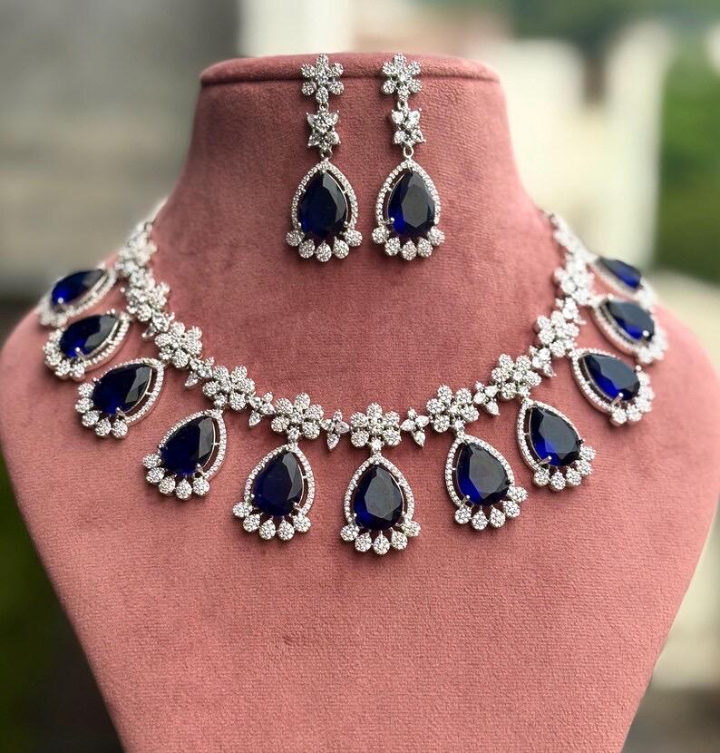 KRISTA Sapphire Blue American Diamond Necklace Set: Indian Bridal Jewelry
