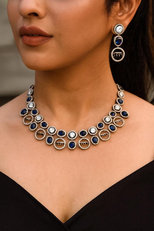 GIA Sabyasachi inspired sapphire blue kundan and zircon sleek necklace set in victorian polish,Indian victorian style jewelry