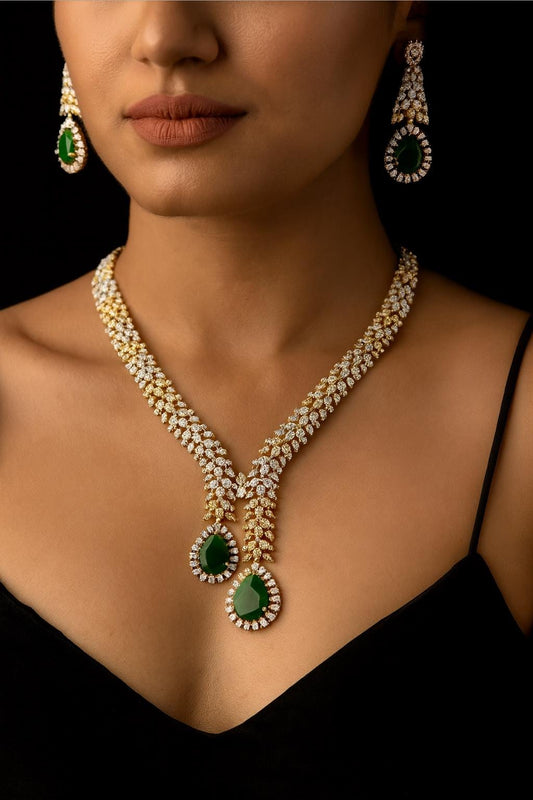 TVISHA Real diamond look gold silver finish Green colour American Diamond Necklace Set Two tone wedding jewelry,Indian  elegant jewellery