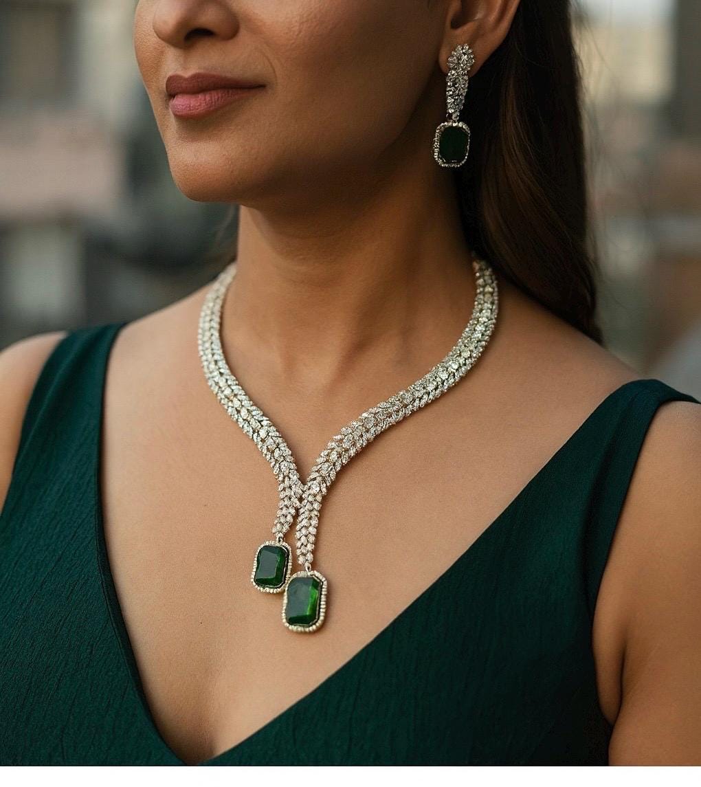 NYSA diamond look gold silver finish green American Diamond Necklace Set/Pakistani bridal wedding jewelry,Indian  elegant jewellery
