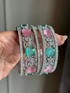 KRITI American diamond bangle set in mint pink stones, AD bangle set of 6 bangles ,cz zircon indian bangles,pakistani bangles,