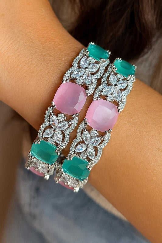KRITI American diamond bangle set in mint pink stones, AD bangle set,cz zircon ,bridal,indian bangles,pakistani bangles, mint green pink
