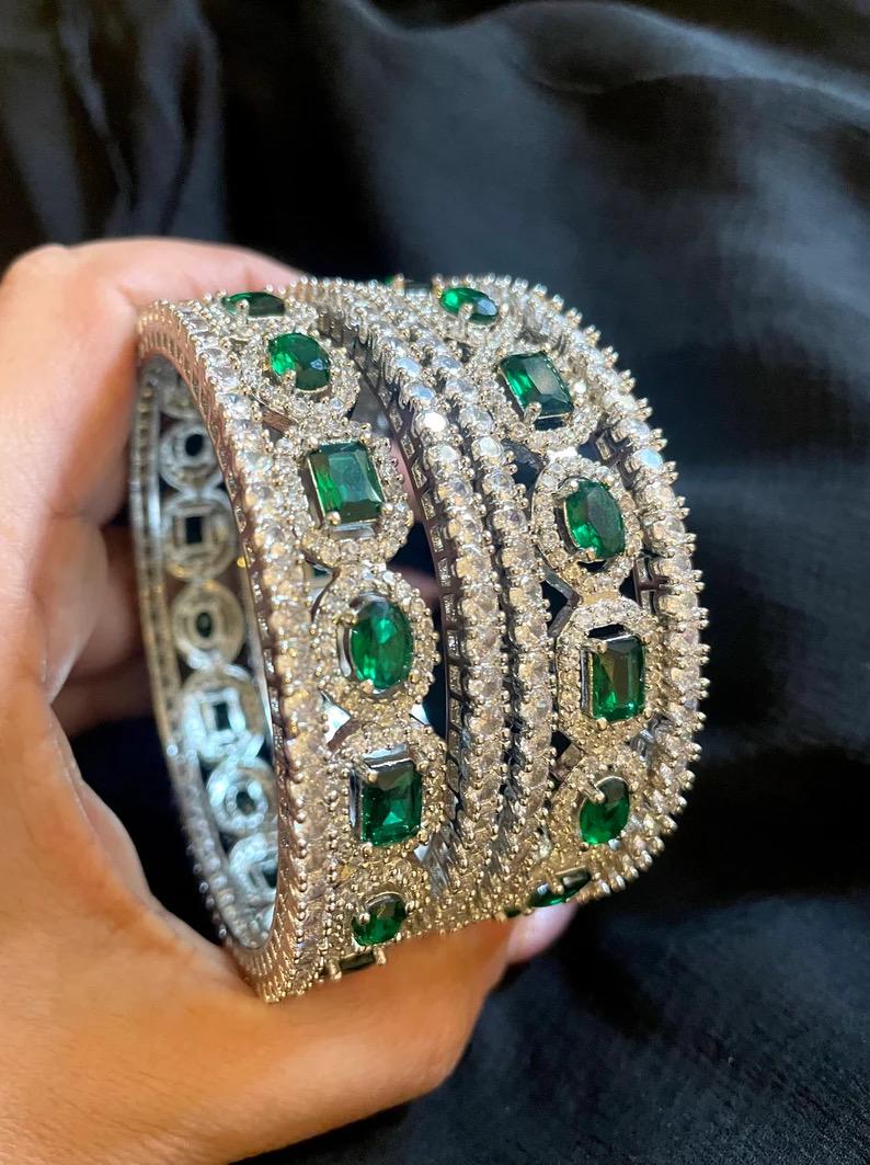 MINAL American diamond bangle set in Emerald Green stones, AD bangle set of 6 bangles ,cz zircon indian bangles,pakistani bangles,