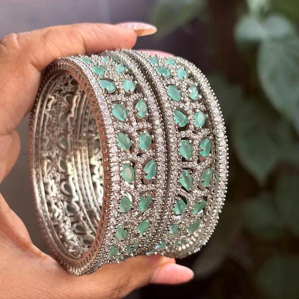 NIAT American diamond bangle set in mint Green stones, AD bangle set of 6 bangles ,cz zircon indian bangles,pakistani bangles,