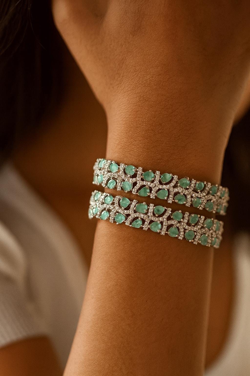 NIAT American diamond bangle set in mint colour stones, AD bangle set,cz zircon ,bridal,indian bangles,pakistani bangles, green silver
