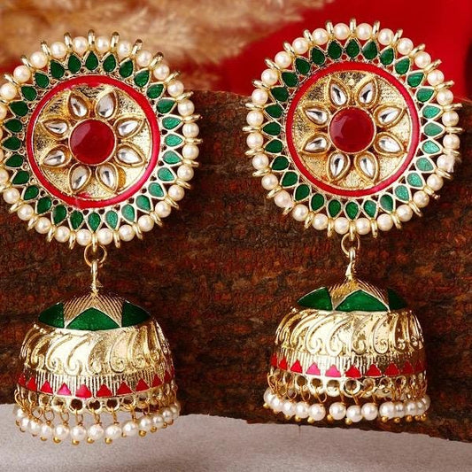 SURYA Green Ruby colour jhumka / Bollywood kundan earrings /Pakistani Wedding bridal /Navratri Indian Diwali jewelry/ green and pink