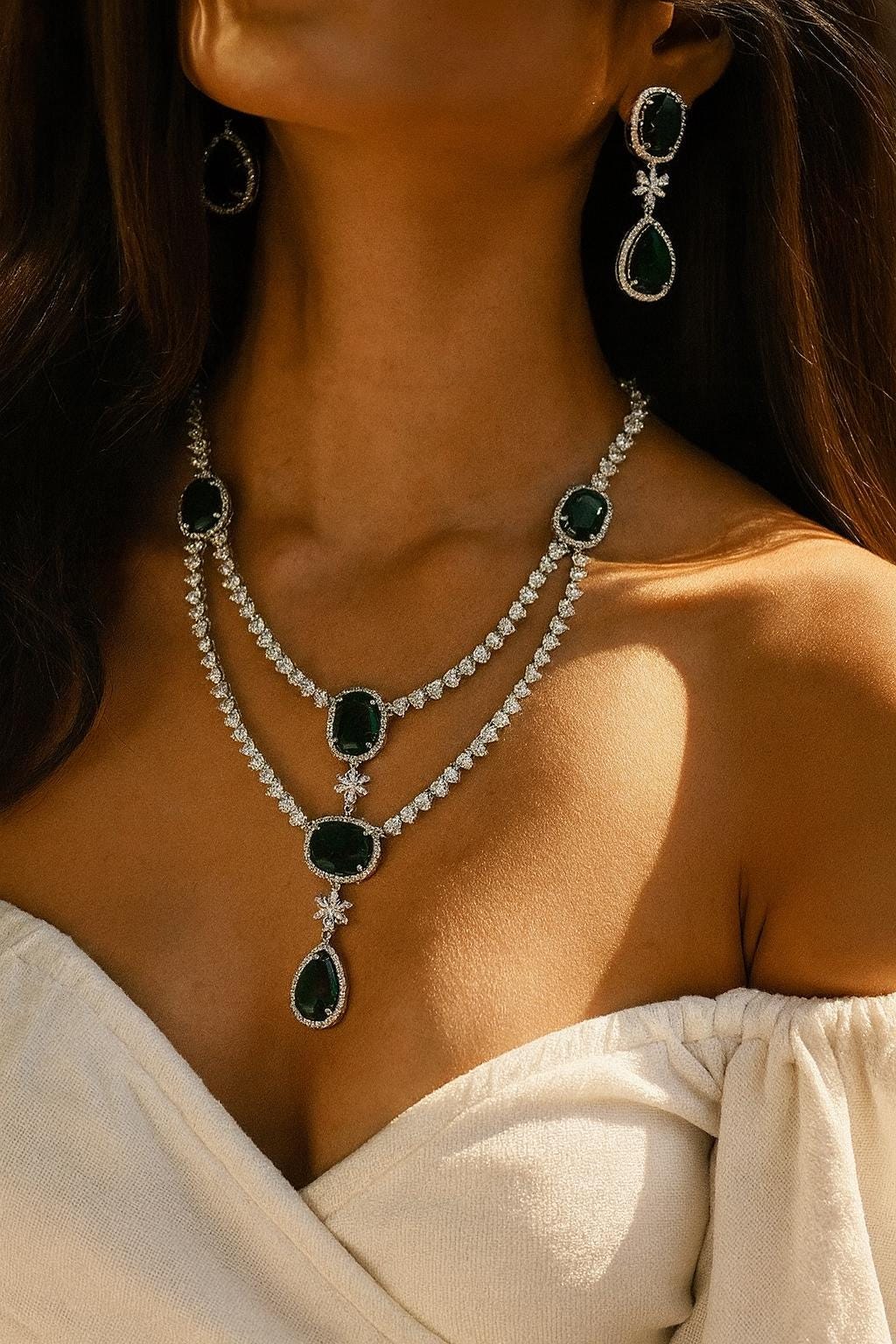 MIRA Emerald green layered necklace earrings Statement American Diamond,Indian Jewelry Pakistani Wedding jewellery Cz Zircon,prom
