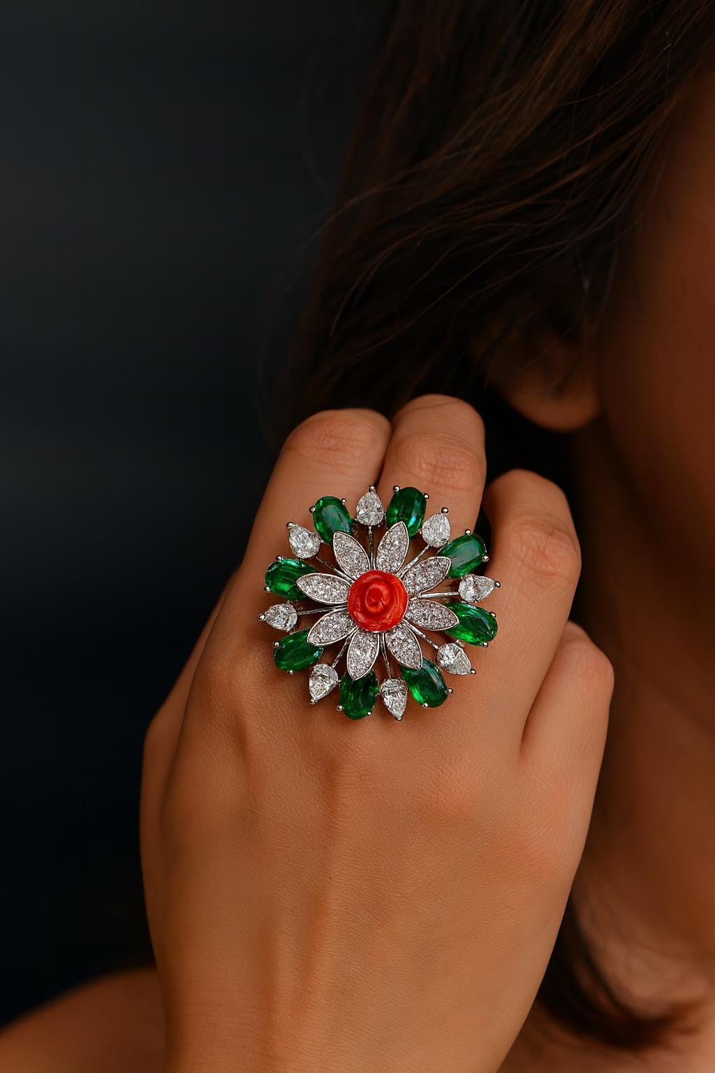 MANSI Emerald green cocktail ring ,adjustable American diamond ring ,high quality cz zircon,dark green Indian jewellery, green cz ring