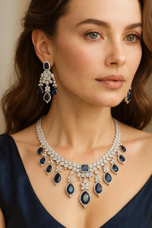 SHANAZ Sapphire blue jewelry American Diamond High Quality necklace set, Indian pakistani bridal jewelry,dark blue cz necklace and earrings