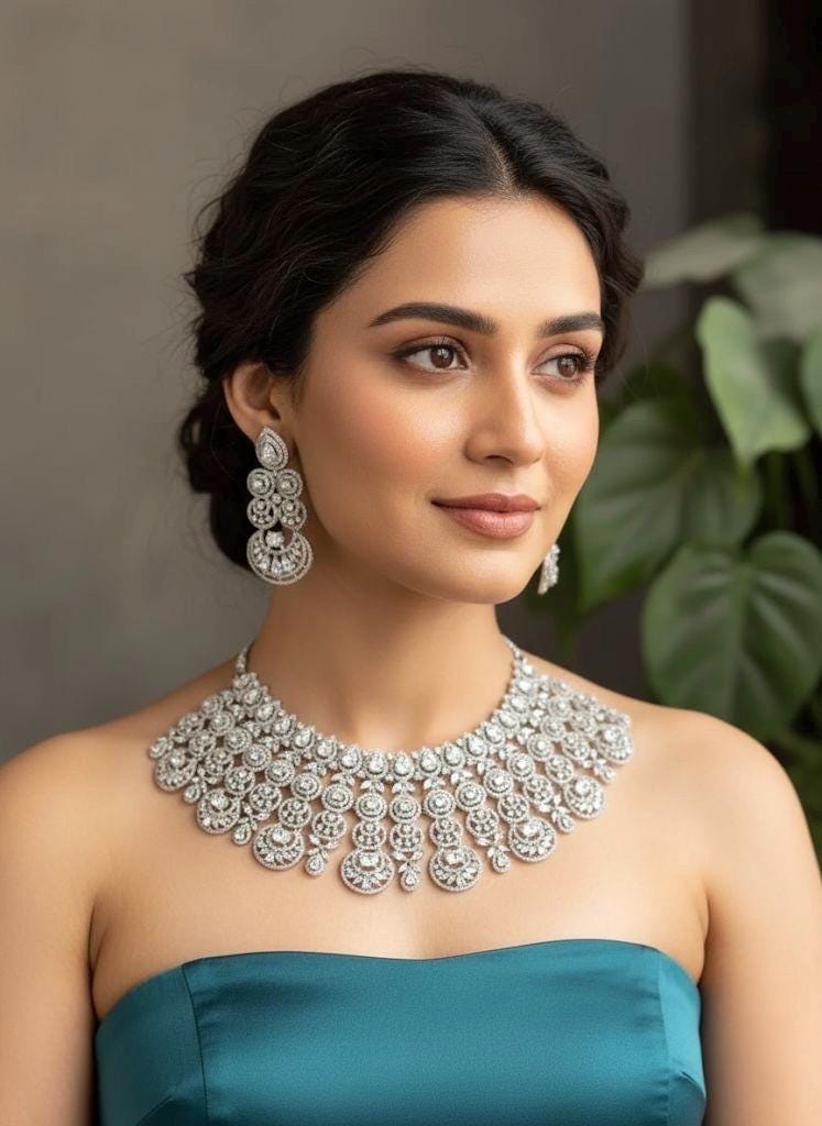 ELENA Silver Clear stones American Diamond Necklace Indian bollywood Jewellery Punjabi Jewelry Pakistani Jewelry,cz zircon silver colour