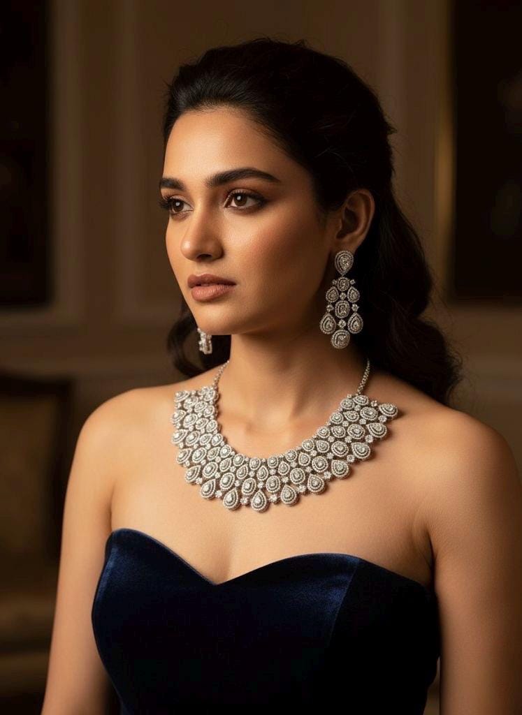 Silver clear stones CZ Necklace Set American Diamond Necklace Crystal Necklace  Indian Necklace Statement Necklace Wedding bridal jewelry