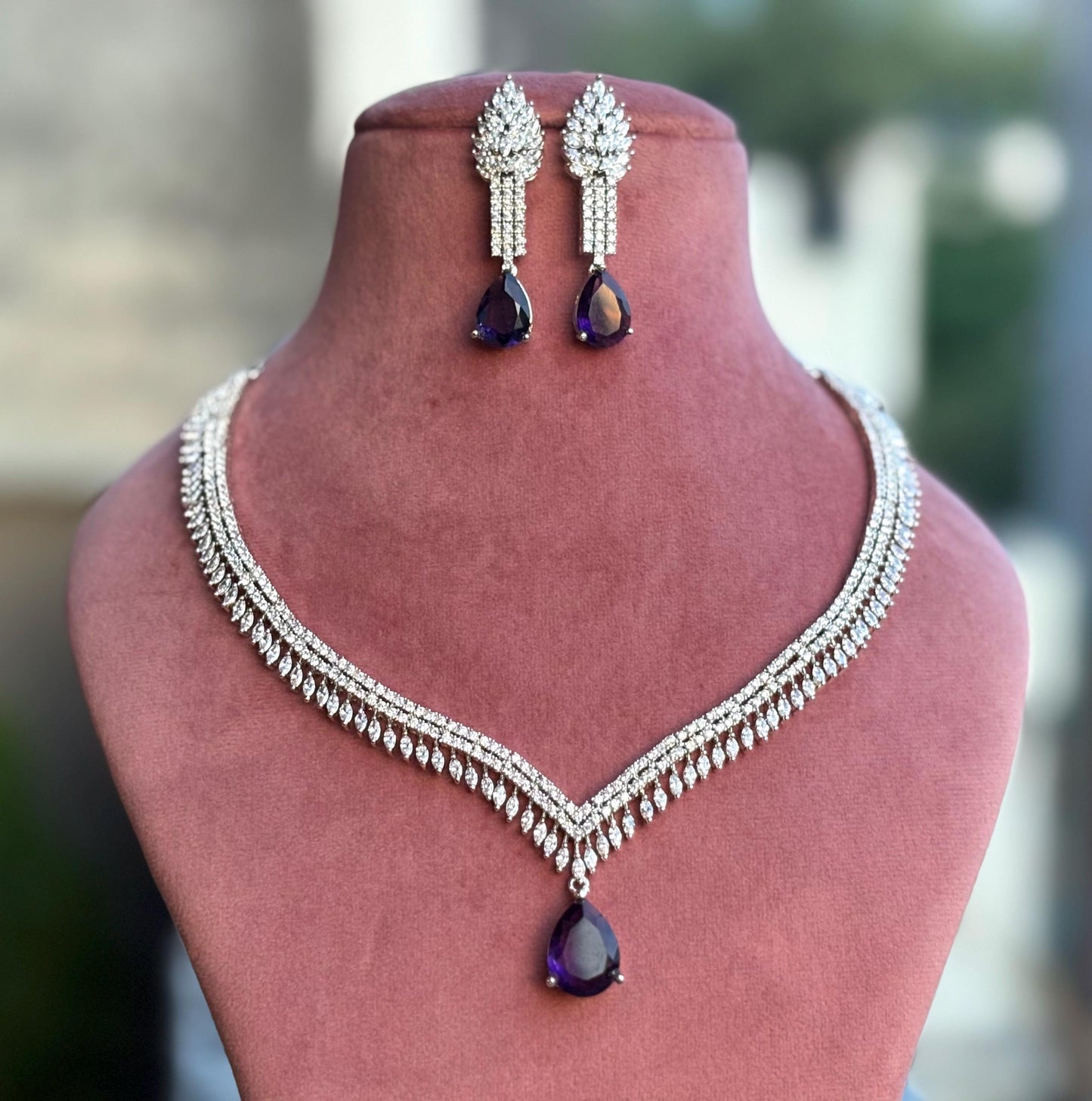 ERIKA Purple cz necklace and earrings, Statement American Diamond jewelry, Indian Jewelry Pakistani Wedding purple colour jewelry, amethyst