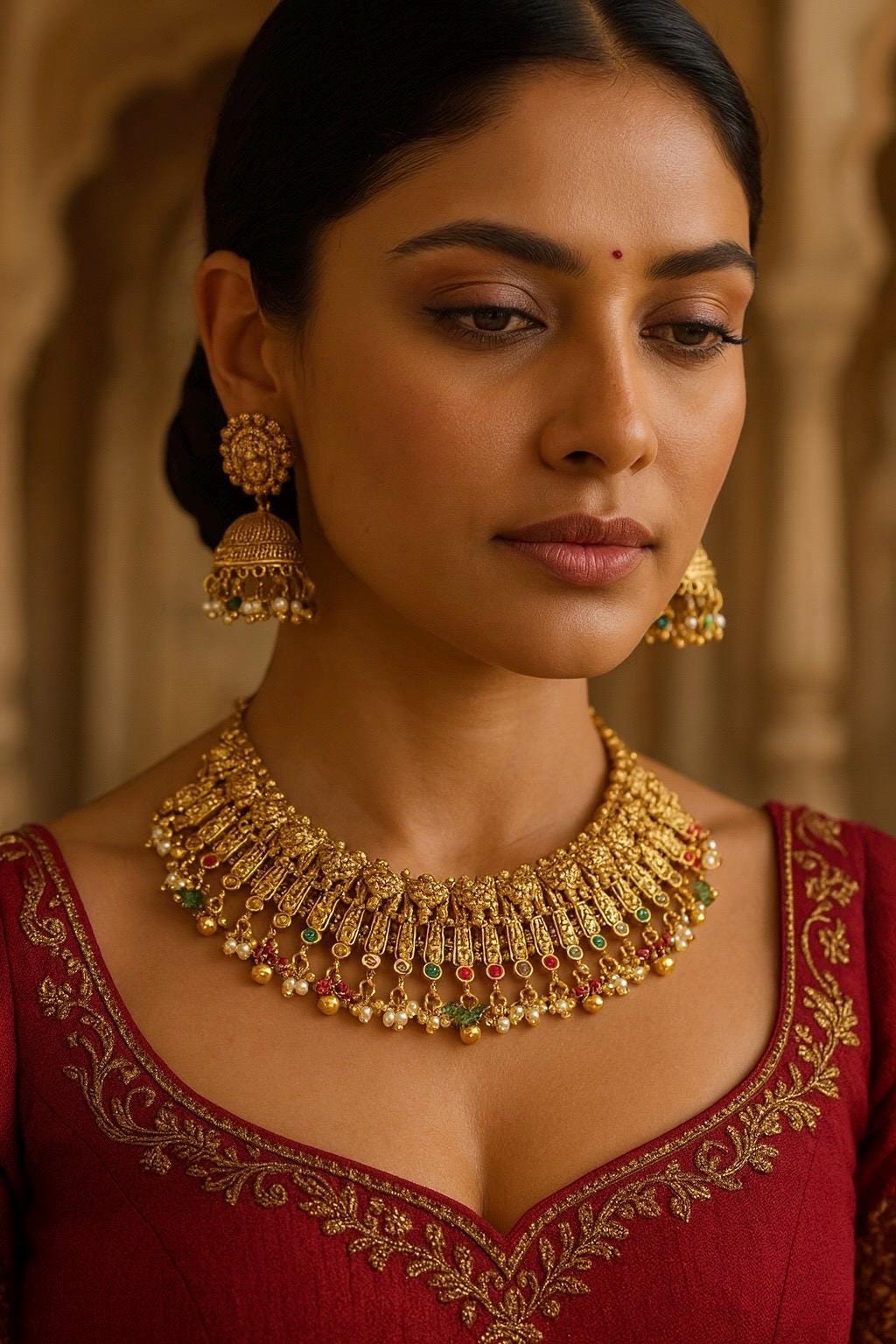 MAANVI Gold tone Rajwadi jewellery South Indian jewelry,meenakari necklace earrings, Indian ruby stones golden jewelry,kempu temple jewelry