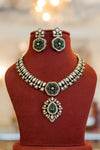 RASHI Sabyasachi inspired green cz kundan and zircon necklace set in victorian polish, Indian bridal victorian style green colour jewelry