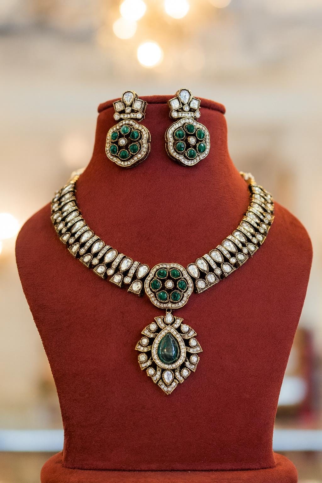 RASHI Sabyasachi inspired green cz kundan and zircon necklace set in victorian polish, Indian bridal victorian style green colour jewelry