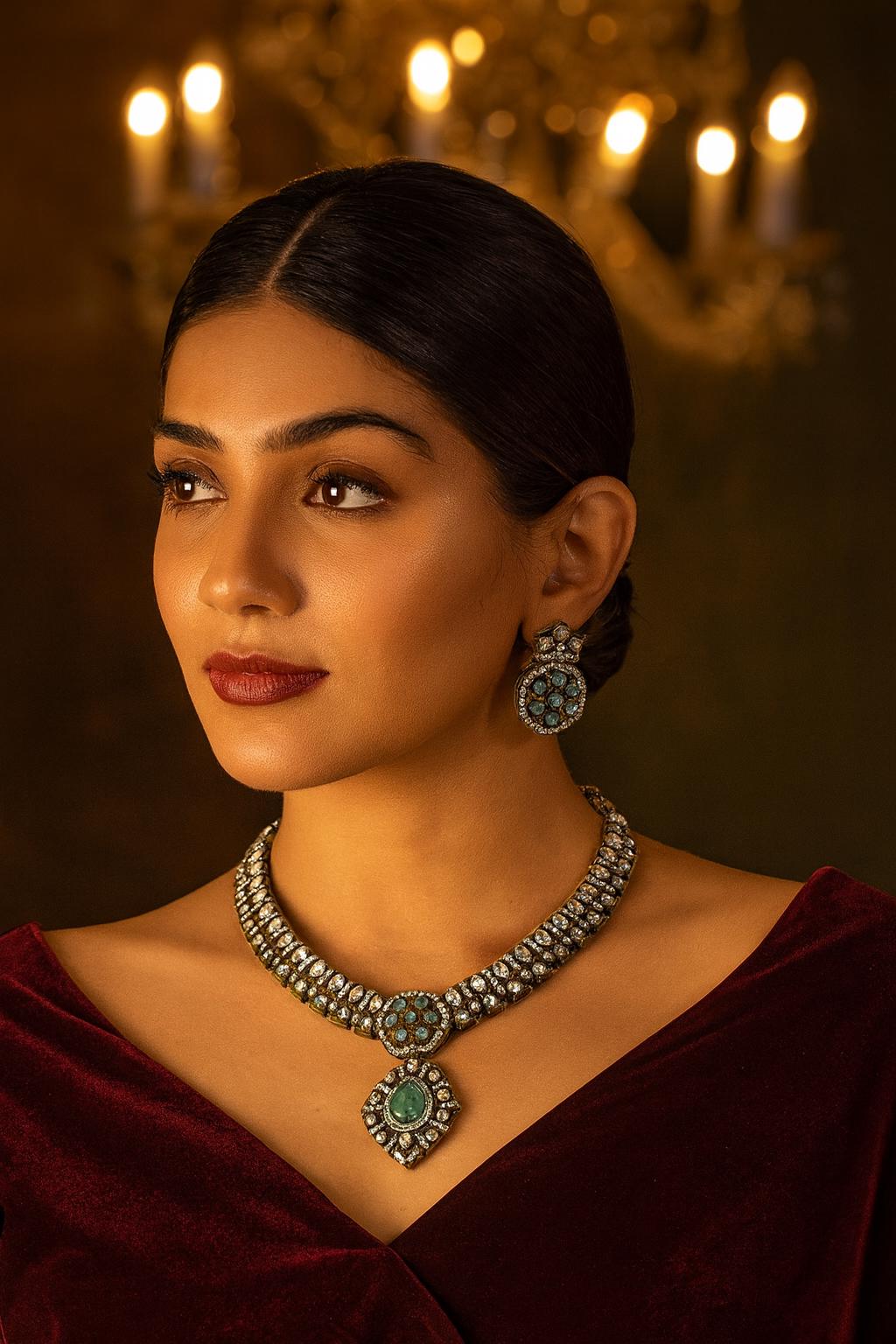 RASHI Sabyasachi inspired mint cz kundan and zircon necklace set in victorian polish, Indian bridal victorian style mint green jewelry