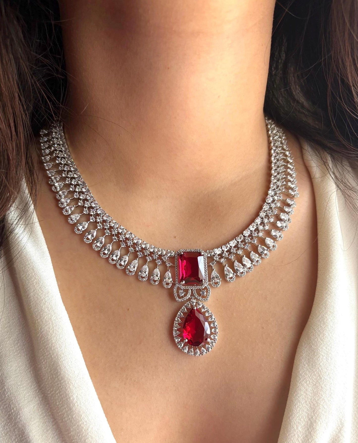 ELARA Premium quality Ruby red cz necklace Set American Diamond classy zircon jewelry, stylish prom,gala dinner red colour choker set
