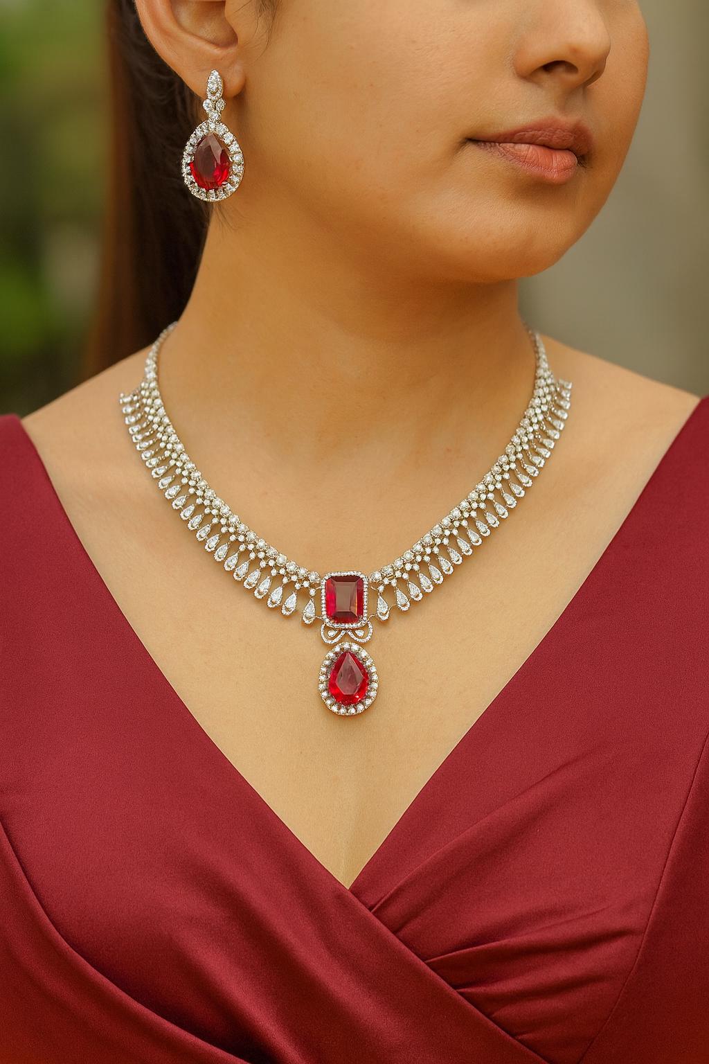 ELARA Premium quality Ruby red cz necklace Set American Diamond classy zircon jewelry, stylish prom,gala dinner red colour choker set