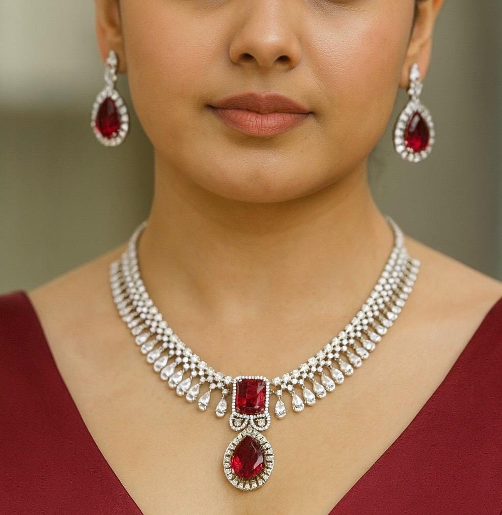 ELARA Premium quality Ruby red cz necklace Set American Diamond classy zircon jewelry, stylish prom,gala dinner red colour choker set