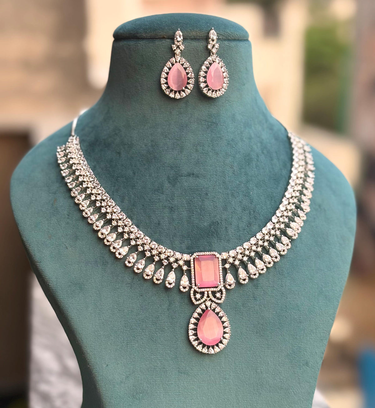 ELARA Premium quality Light pink cz necklace Set American Diamond classy zircon jewelry, stylish prom,gala dinner pink colour choker set