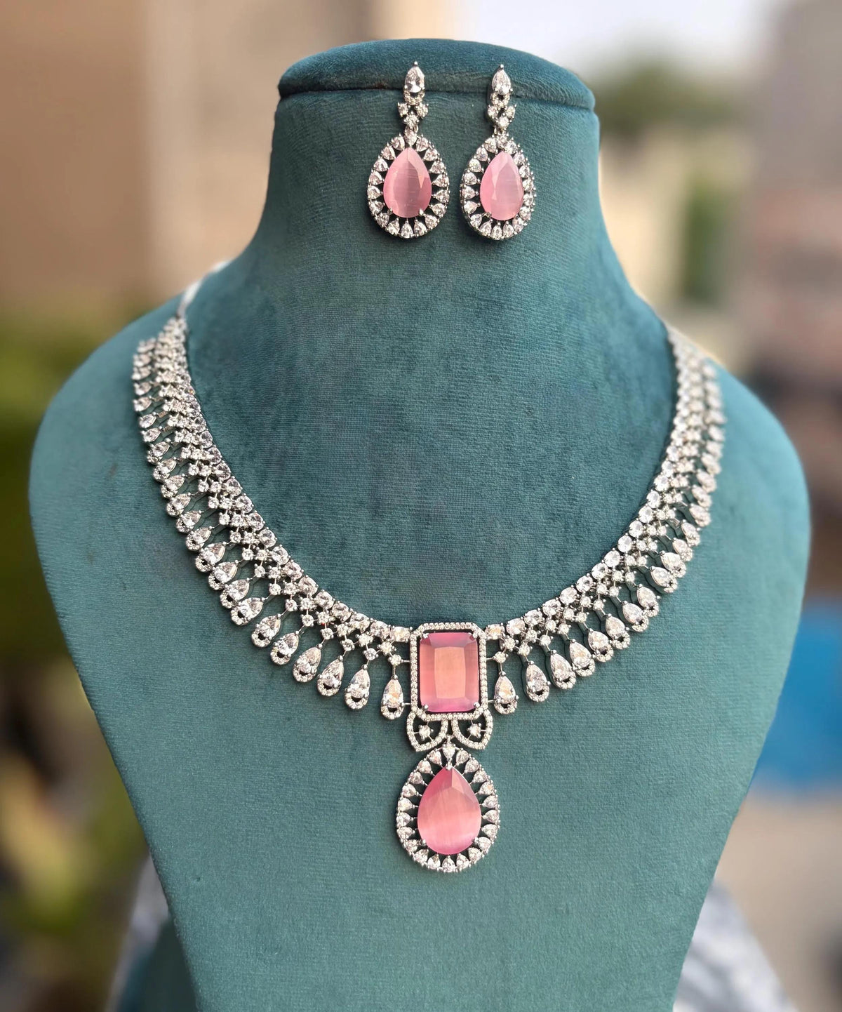 ELARA Premium quality Light pink cz necklace Set American Diamond classy zircon jewelry, stylish prom,gala dinner pink colour choker set