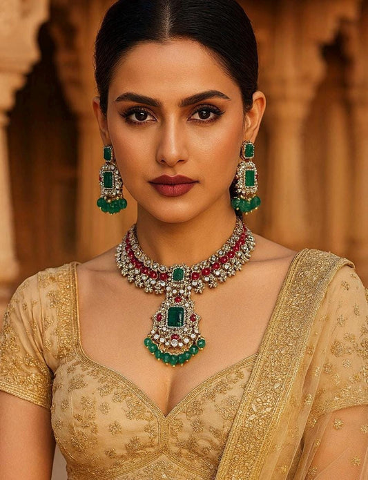 JODHA Royal Necklace Set in Ruby Green