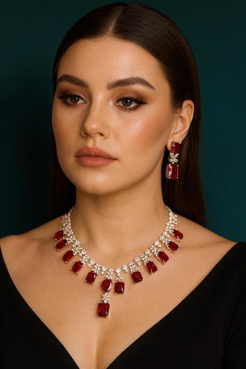 KAINA Red cz American Diamond High Quality necklace set wedding bridal  jewelry,red silver, pakistani Nikaah jewelry