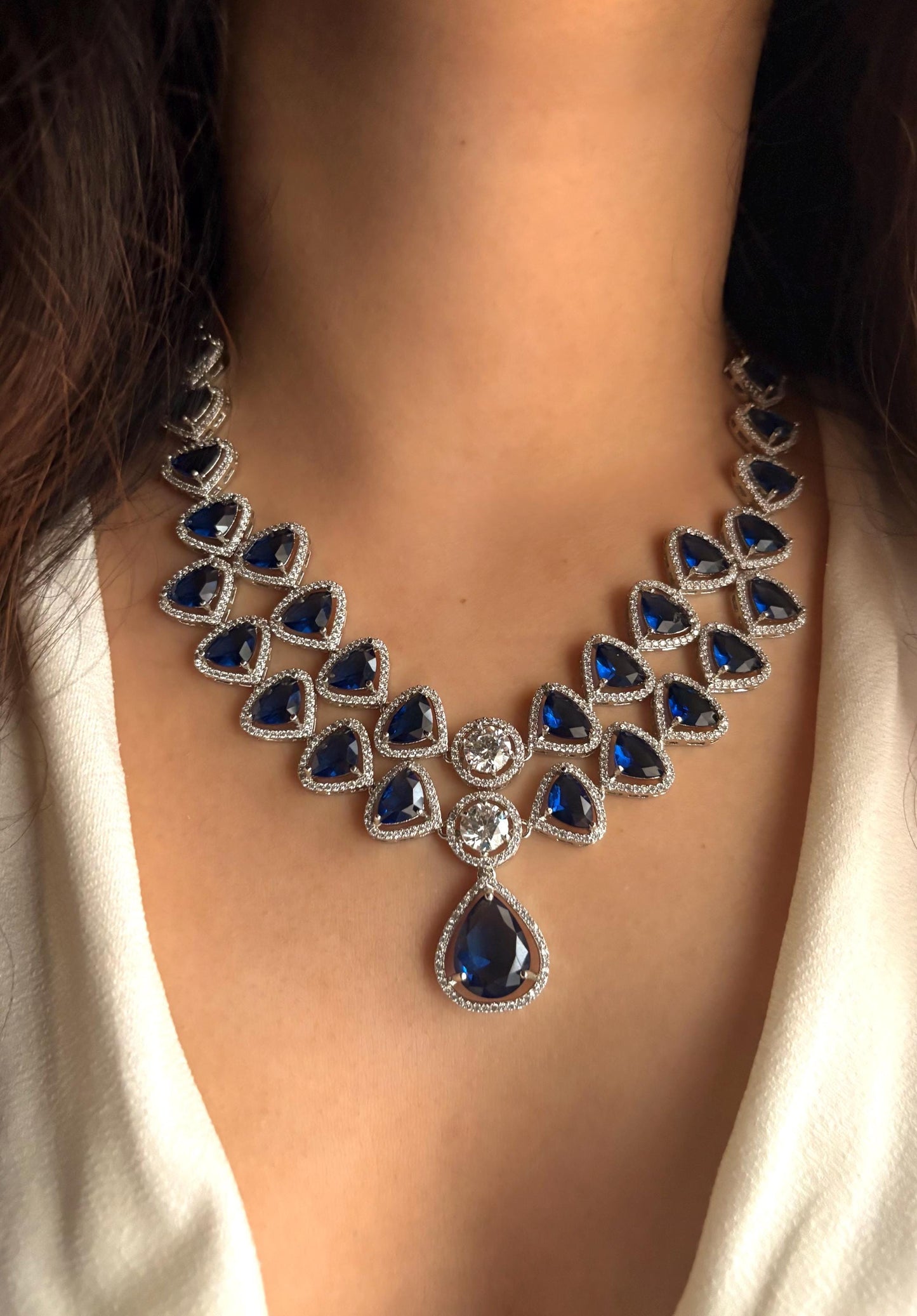 VARISHA Sapphire Blue American Diamond Necklace Set: Indian Bridal Jewelry