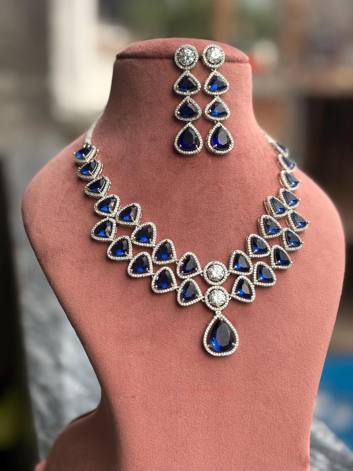 VARISHA Sapphire Blue American Diamond Necklace Set: Indian Bridal Jewelry