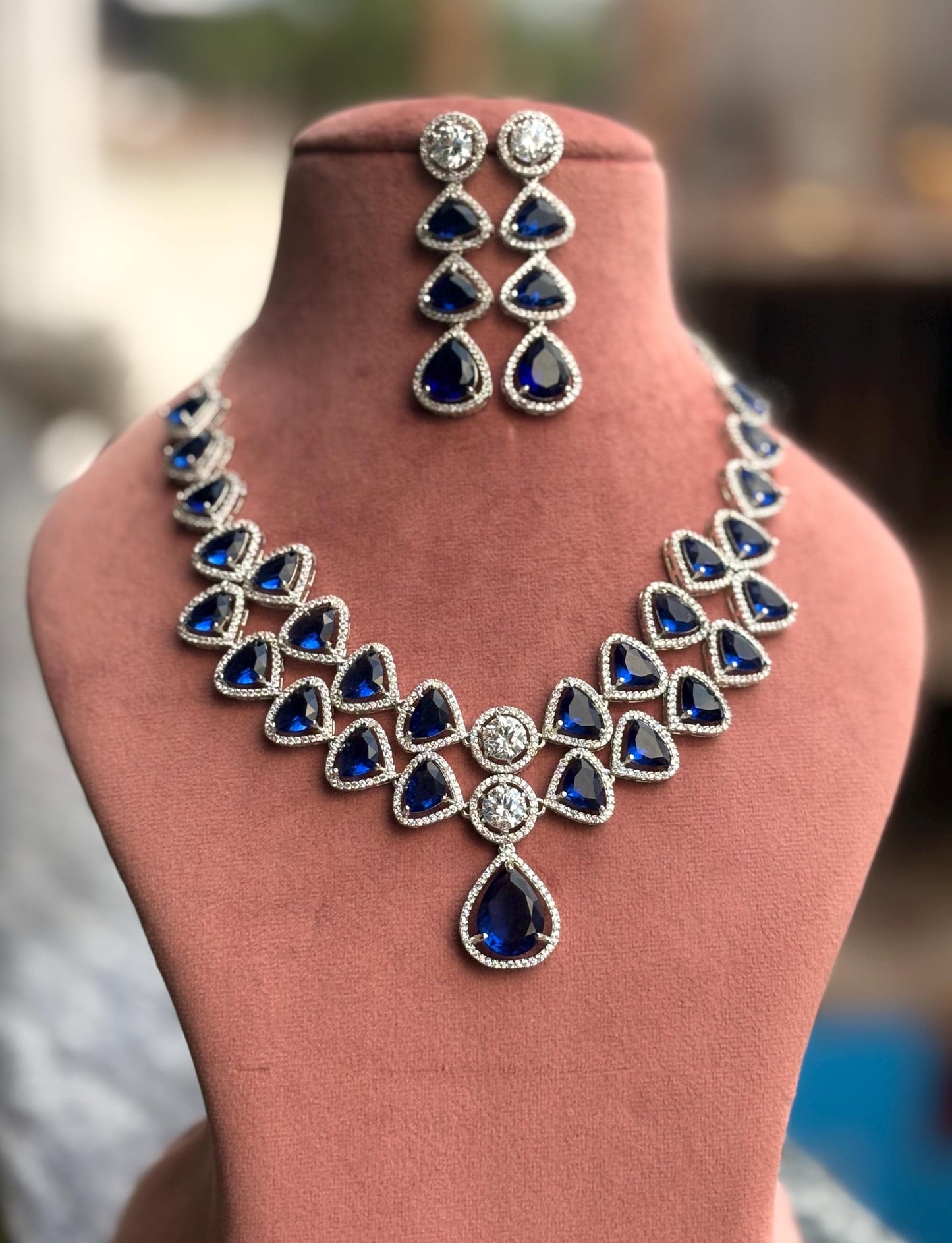 VARISHA Sapphire Blue American Diamond Necklace Set: Indian Bridal Jewelry