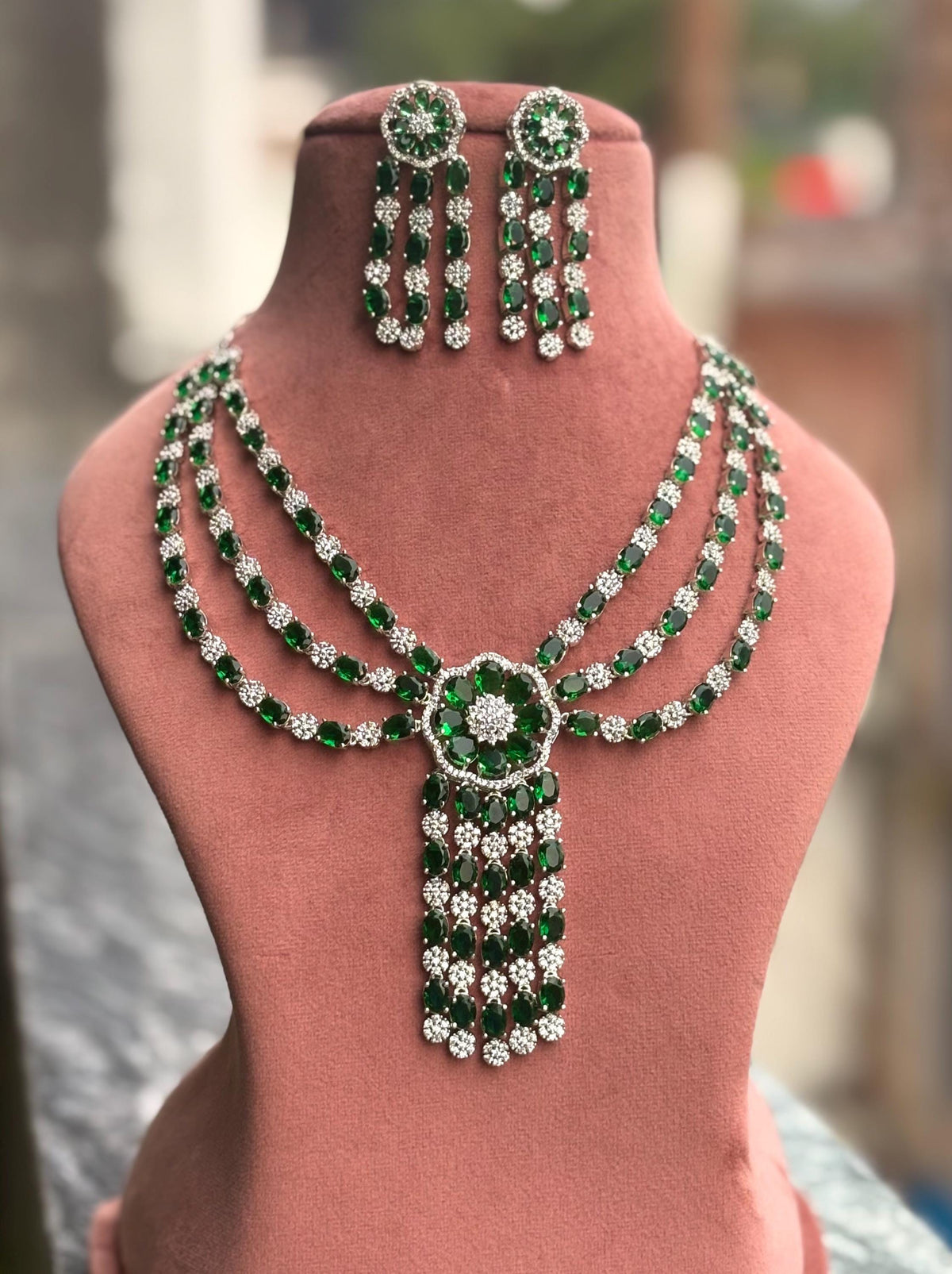 SKYE Emerald green American Diamond High Quality Necklace Set Indian Pakistani bridal wedding jewelry cz zircon green colour jewelry