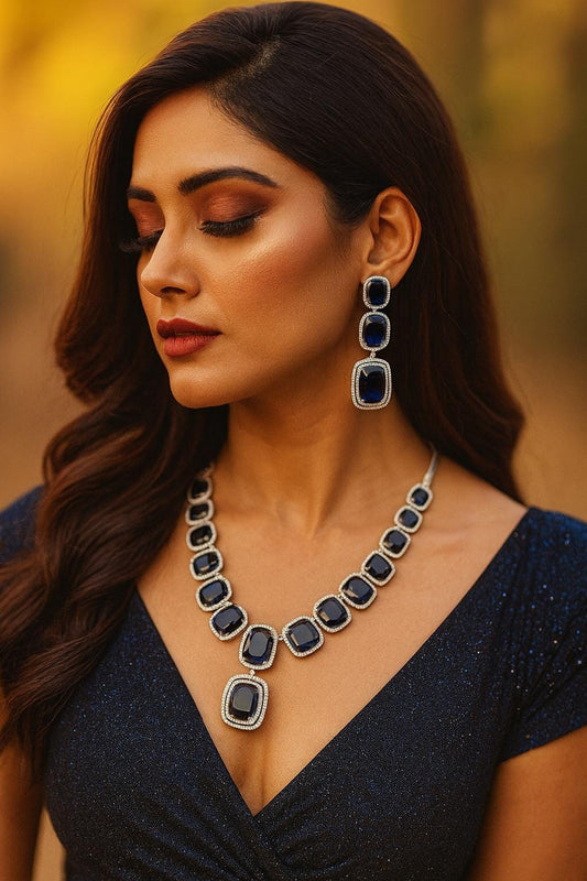 IVY Sapphire blue necklace earrings in American Diamond Classy high quality cz zircon jewelry,prom,gala dinner blue colour jewellery set