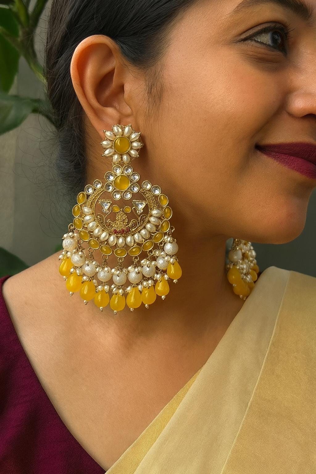 DEVI Yellow earrings/ Wedding bridal kundan earrings /Navratri function Indian Diwali jewelry/yellow colour chandbali/haldi ceremony