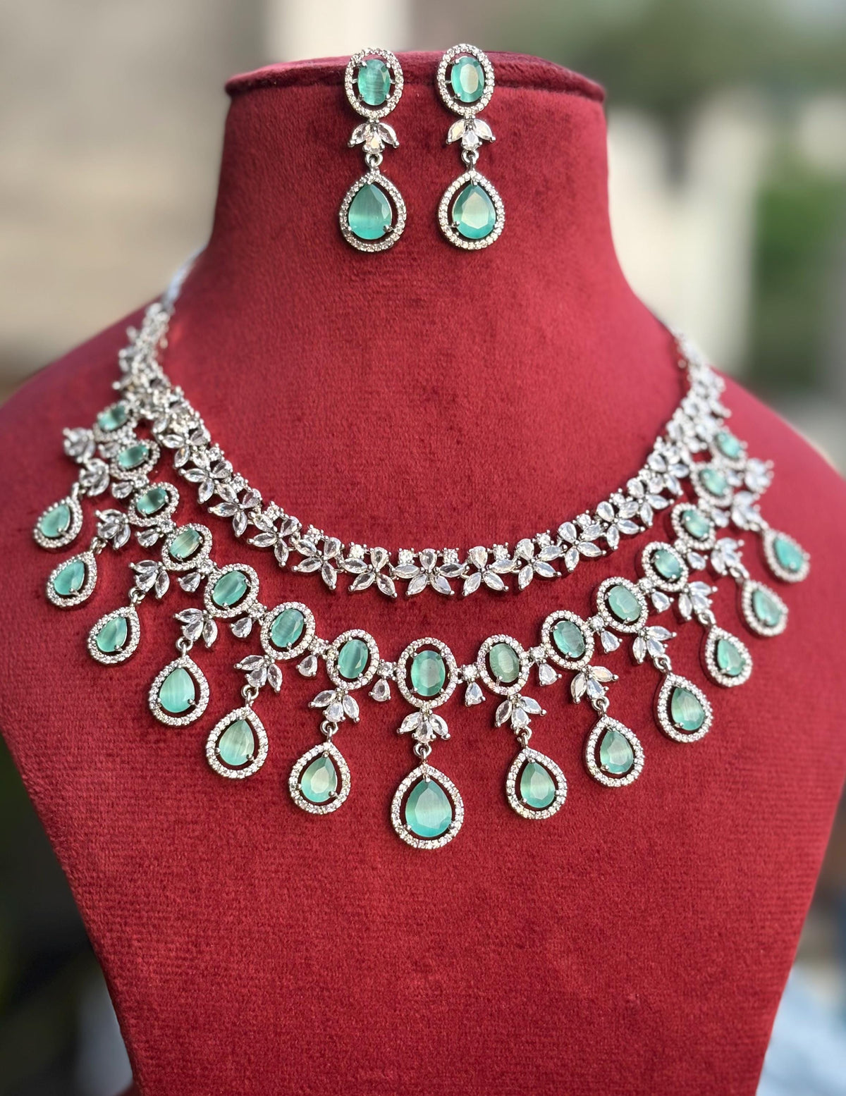 OVIYA Mint Green cz necklace and earrings, Statement American Diamond jewelry, Indian Jewelry Pakistani Wedding jewellery silver Zircon