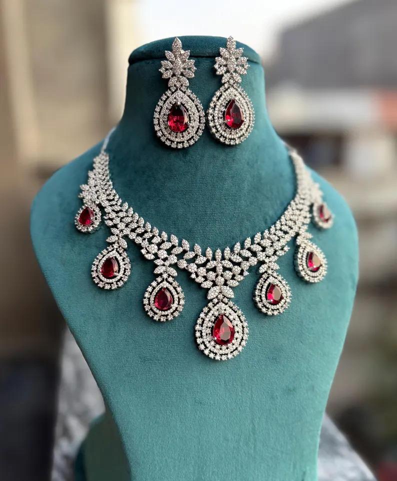 AYRA Ruby red cz necklace and earrings, Statement American Diamond jewelry, Indian Jewelry Pakistani Wedding jewellery  Zircon