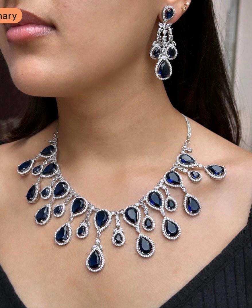 AAVYA Sapphire blue cz necklace and earrings, Statement American Diamond jewelry, Indian Jewelry Pakistani Wedding jewellery silver Zircon