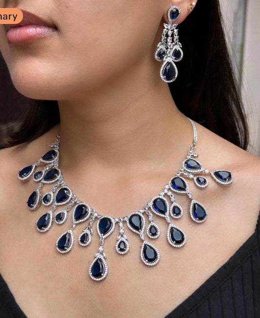 AAVYA Sapphire blue cz necklace and earrings, Statement American Diamond jewelry, Indian Jewelry Pakistani Wedding jewellery silver Zircon