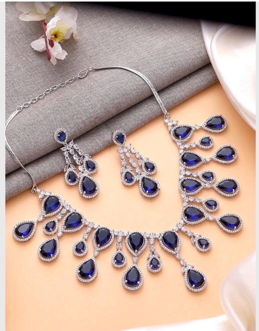 AAVYA Sapphire blue cz necklace and earrings, Statement American Diamond jewelry, Indian Jewelry Pakistani Wedding jewellery silver Zircon