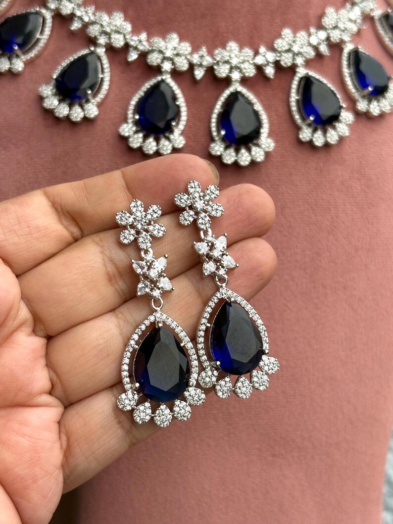 KRISTA Sapphire Blue American Diamond Necklace Set: Indian Bridal Jewelry
