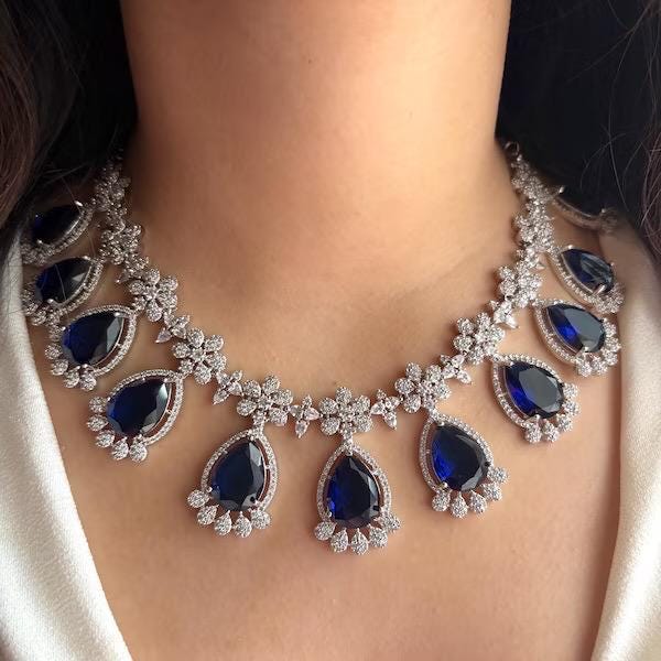 KRISTA Sapphire Blue American Diamond Necklace Set: Indian Bridal Jewelry