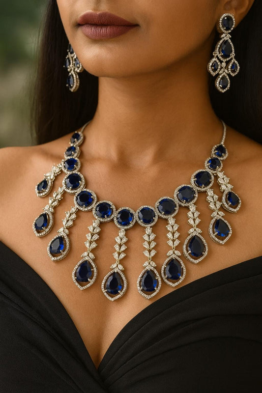 TANAAZ Sapphire blue necklace earrings in American Diamond Classy high quality cz zircon jewelry,prom ink blue colour jewellery set